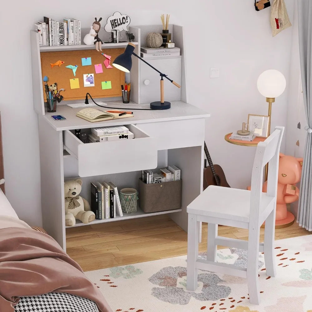 White Kids Desk and Chair Set for 5-12 Year - Easier Life Emporium