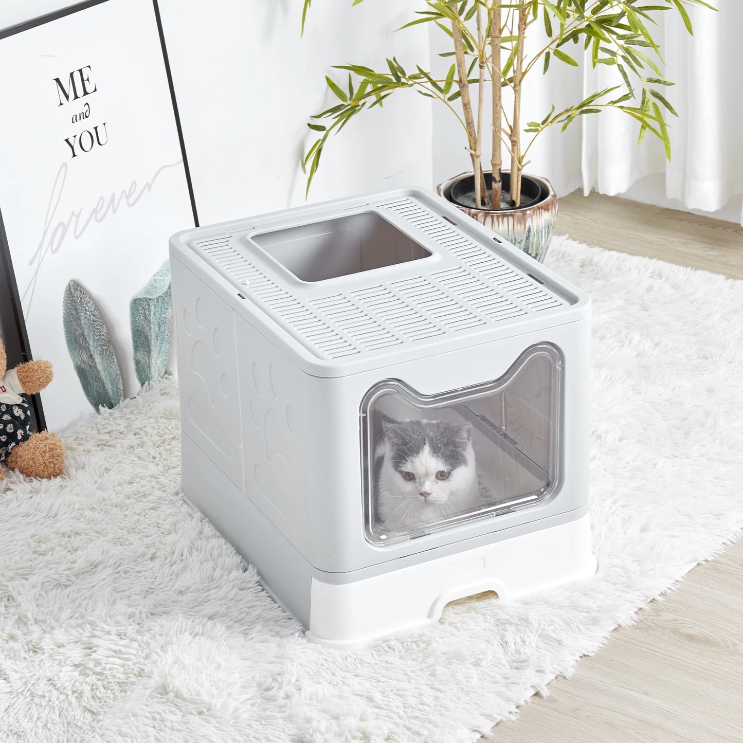 XXL Large Space Foldable Cat Litter Box with Front Entry & Top Exit with Tray